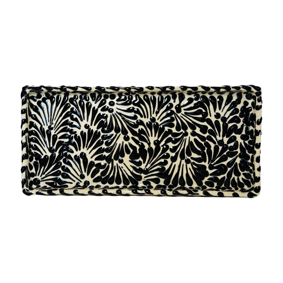 top view of a black and white Puebla design rectangular ceramic tray