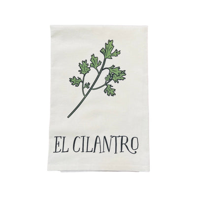 El Cilantro Tea Towel features an illustration of a cilantro stem and reads "El Cilantro" underneath"