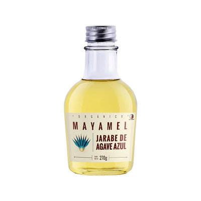 Front view of Mayamel Blue Agave Syrup - Small in clear glass branded bottle with silver lid