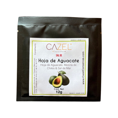 front view of Sal de Hoja Aquacate (Avocado Leaf Salt) in black branded pouch