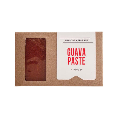 Front view of Guava Paste in brown rectangular paper packaging with clear plastic window showcasing texture of product