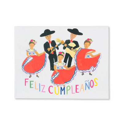 Greeting card reads: Feliz Cumpleanos, English translation is Happy Birthday. Illustration features traditional Mexican band and dancers.