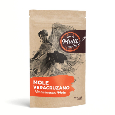 Front view of Mexican Mulli Mole - Veracruzano in brown branded pouch with ziploc style closure