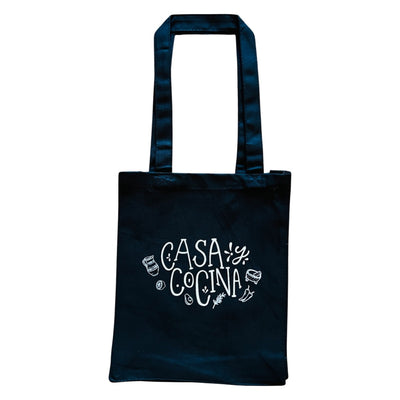 Black Canvas tote bag with the phrase Casa y Cocina in white lettering.
