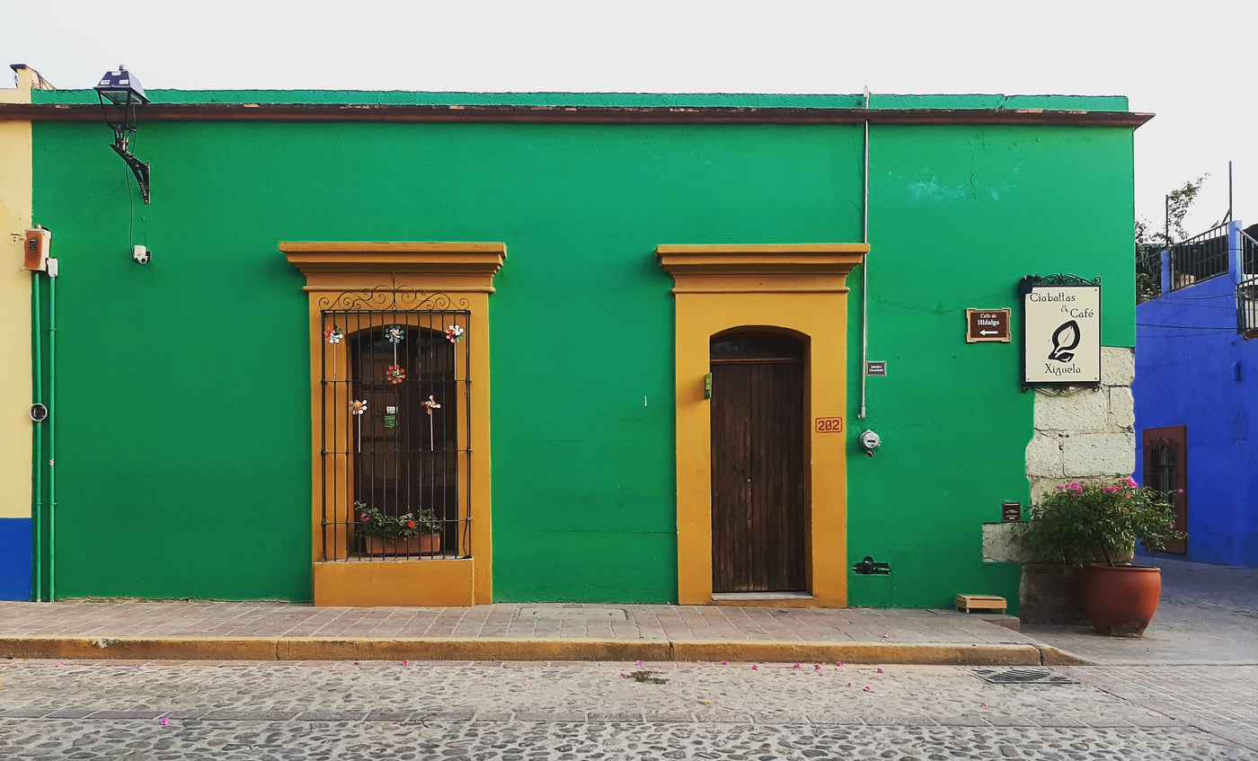 Collection photo for our "Products Made In Oaxaca" collection. Image is a photograph of a green building in Oaxaca
