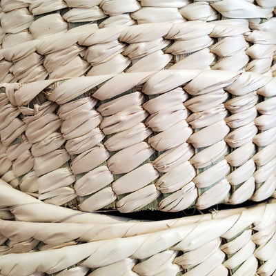 Collection photo for our "Shop By Color: Tan/Beige" collection. Image showcases enlarged details of our palm woven baskets