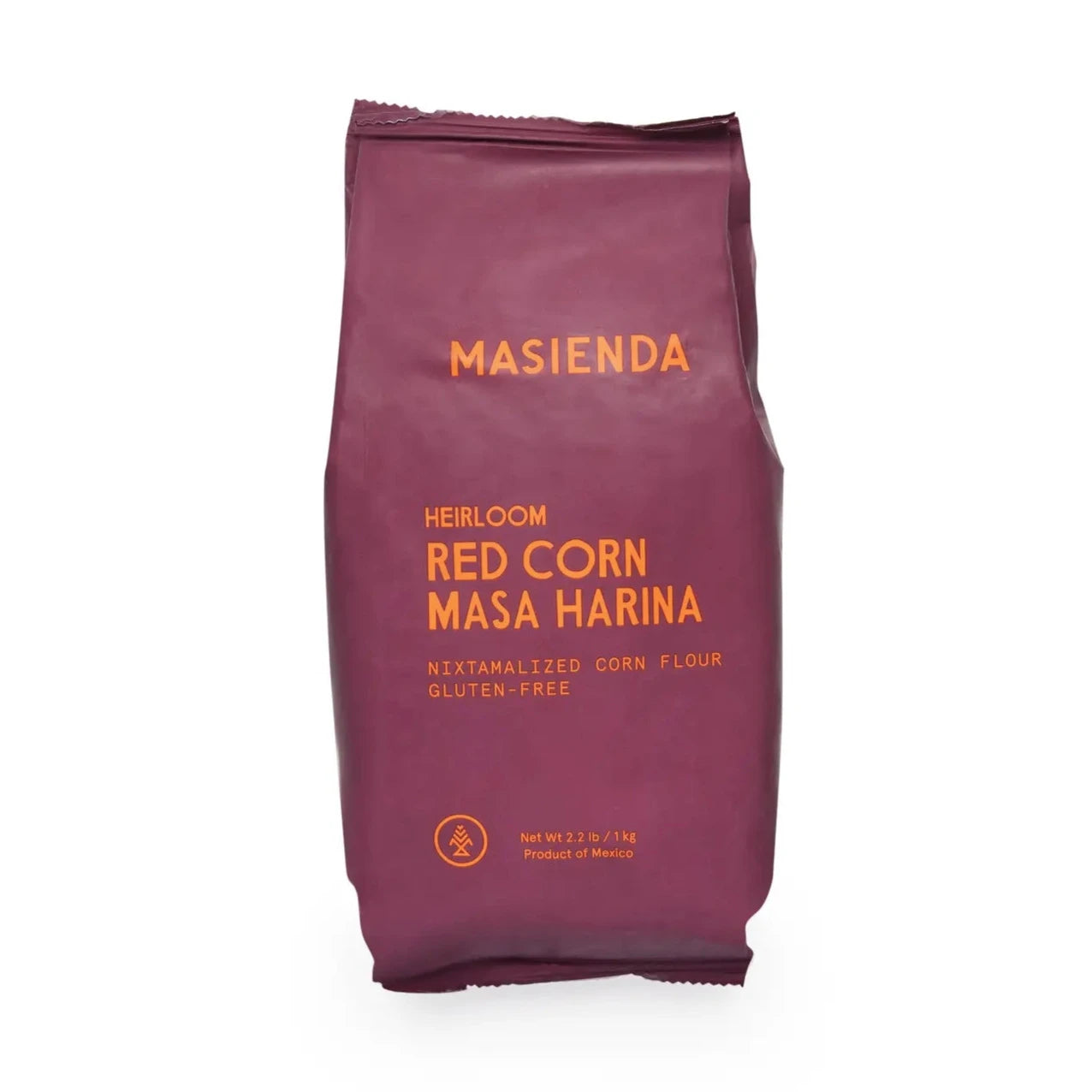 red 2.2lb bag of red corn masa harina with orange lettering