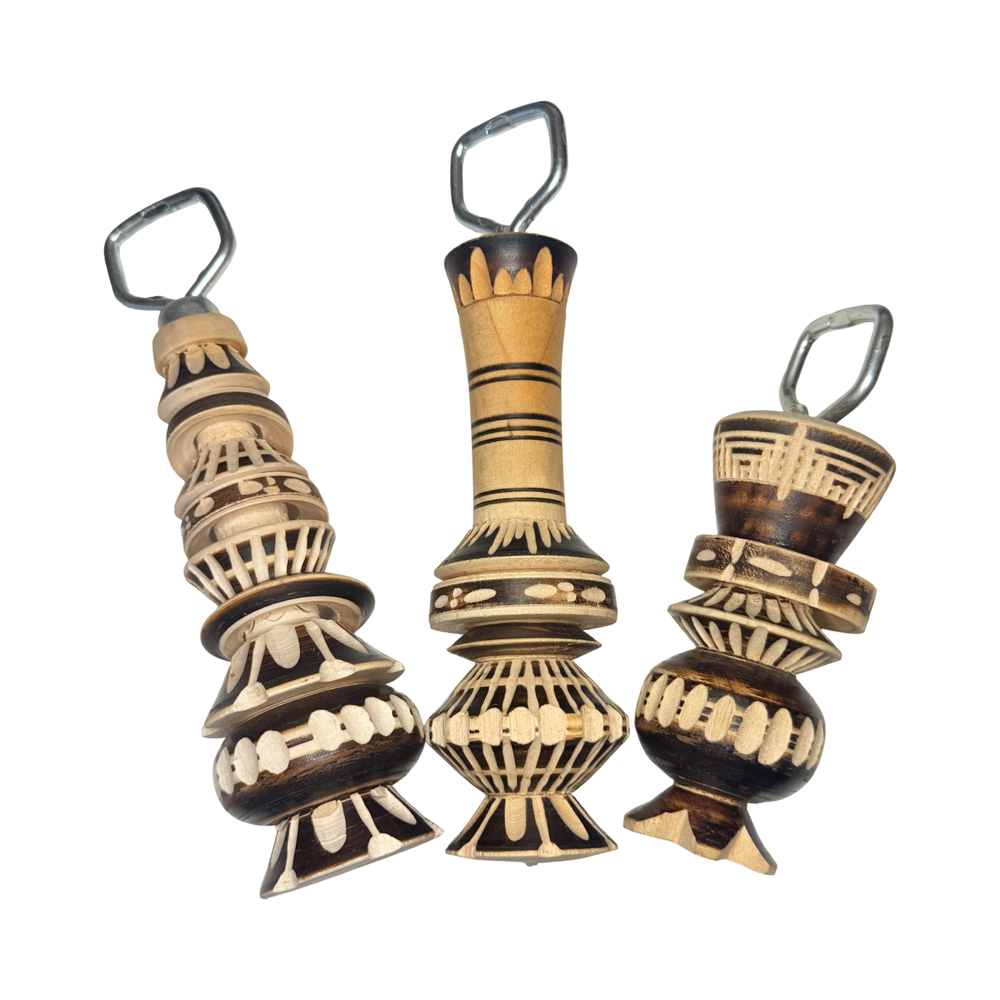 Three hand-carved wooden molinillo-style bottle openers with metal heads, in assorted shapes and burned patterns