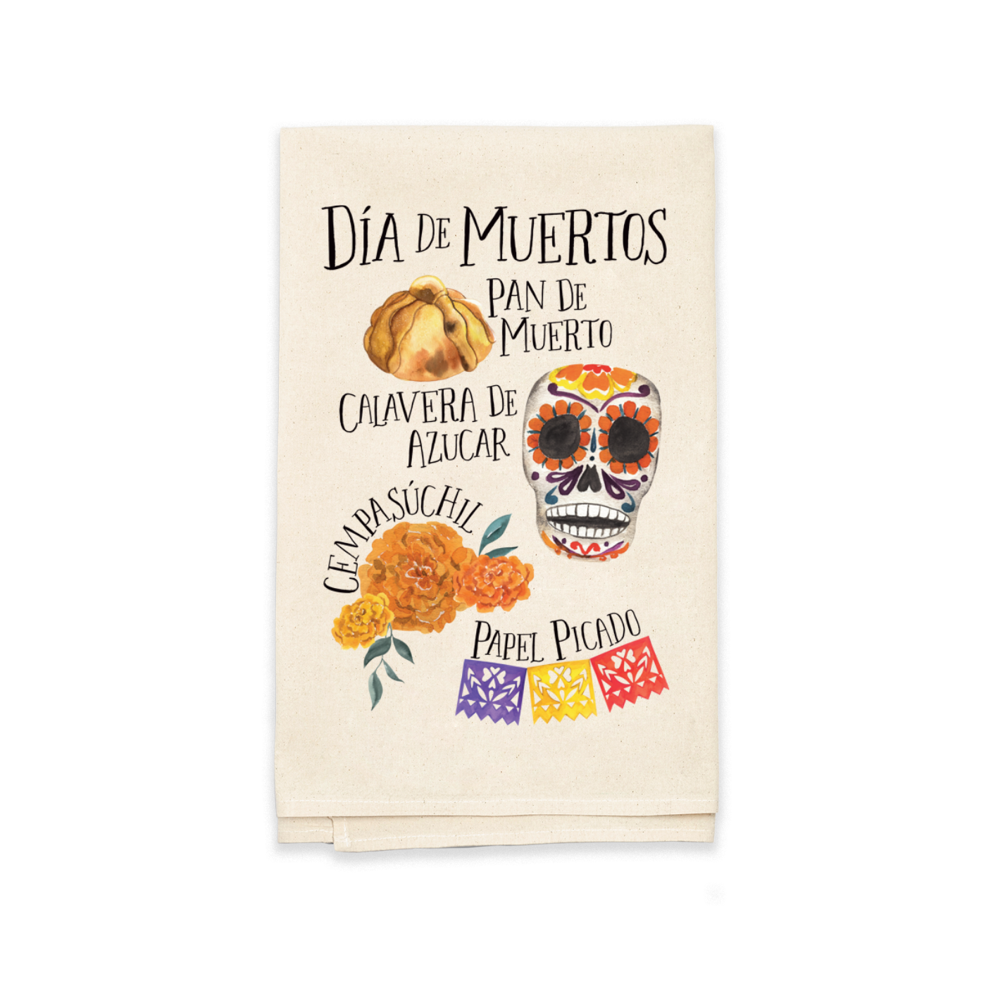 natural towel folded in half that features essential items of what are needed for an altar featuring images of a pan de muerto, sugar skull, marigold and papel picado