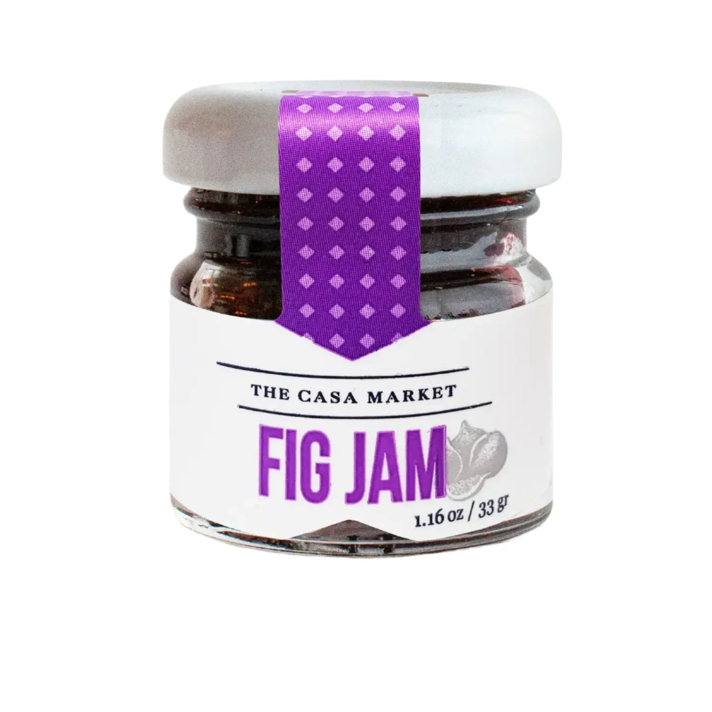 A small glass jar of The Casa Market Fig Jam with a white lid and a purple decorative ribbon. The label features the brand name and "Fig Jam" in bold purple text, along with an illustration of a fig. The jar contains 1.16 oz (33g) of rich, dark fig jam.