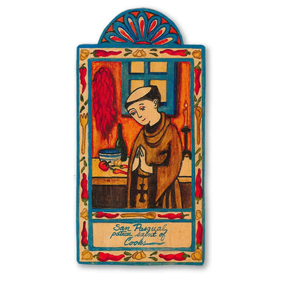 wooden retablo that features an image of San Pascual in a kitchen
