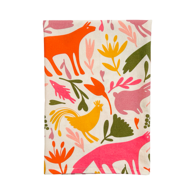 Orange, pink, light pink, sage green and yellow otomi designed kitchen towel folded in quarters