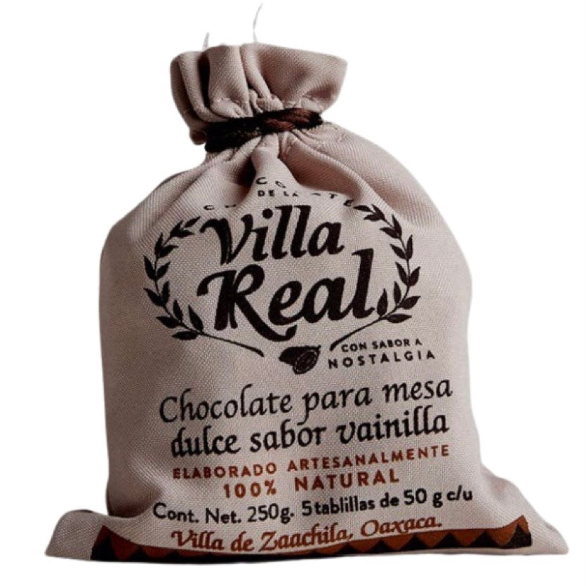 Front view of La Villa Real Oaxacan Hot Chocolate - Vanilla in branded packaging pouch.