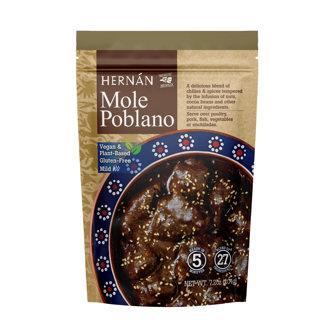 branded 7.2 oz pouch of mole poblano featuring a plate of the mole with some sesame seeds