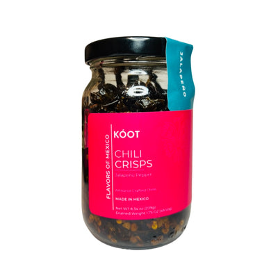8.34 oz clear jar of jalapeño chili crisps with a pink branded label and white lettering