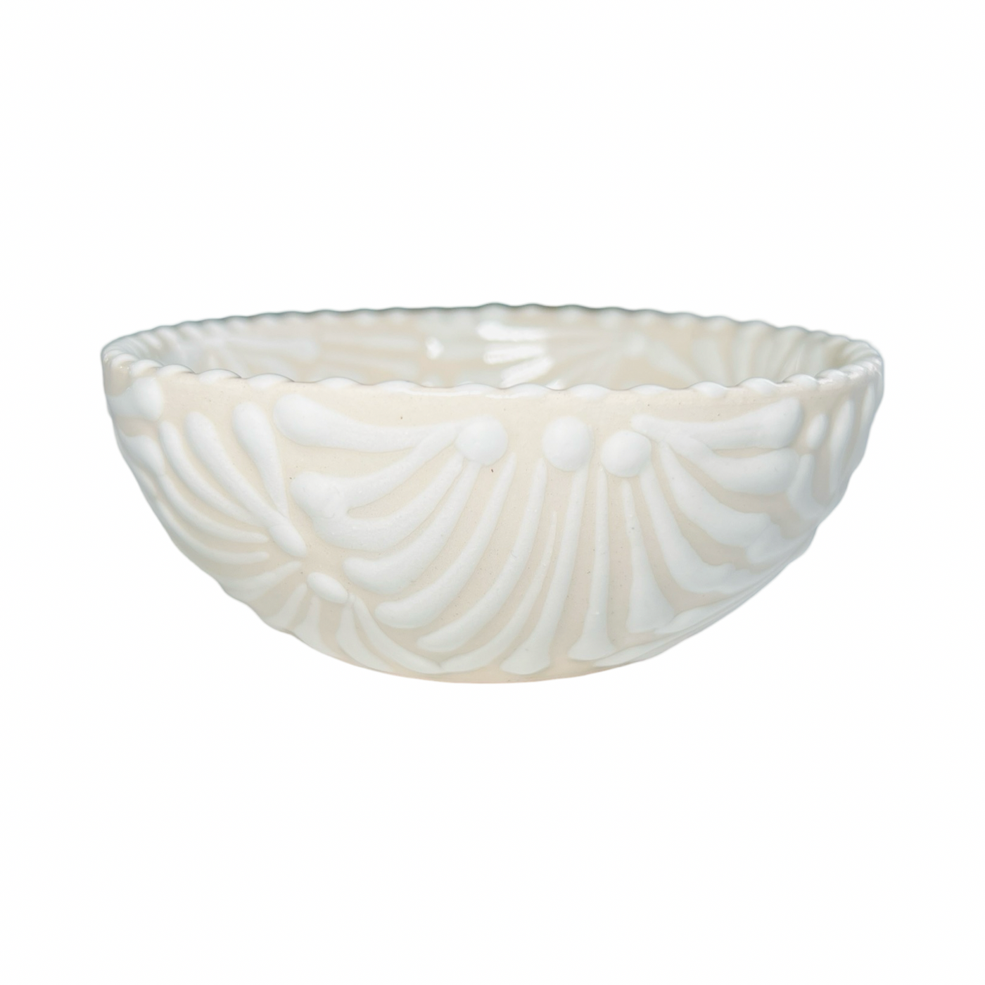 ceramic bowl with white and cream Puebla design