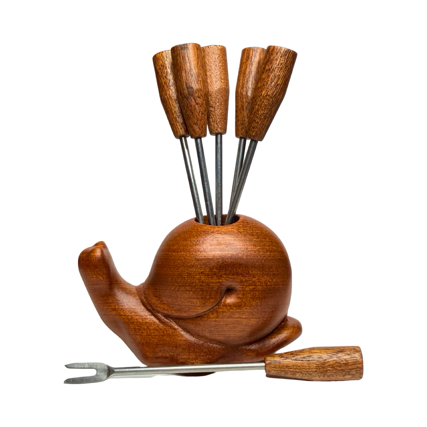 Wooden snail-shaped holder with six stainless steel appetizer picks featuring wooden handles.
