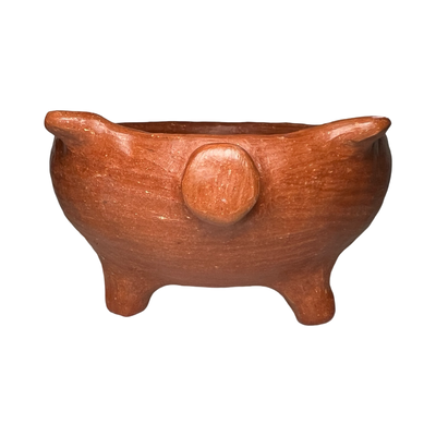 front view of a red clay pig bowl