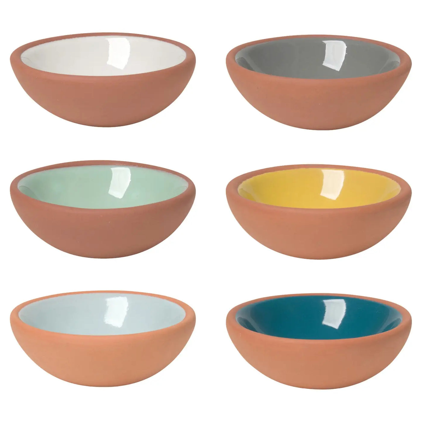 Set of six terracotta pinch bowls with an unglazed exterior and glazed interiors in white, gray, mint green, yellow, light blue, and deep teal.