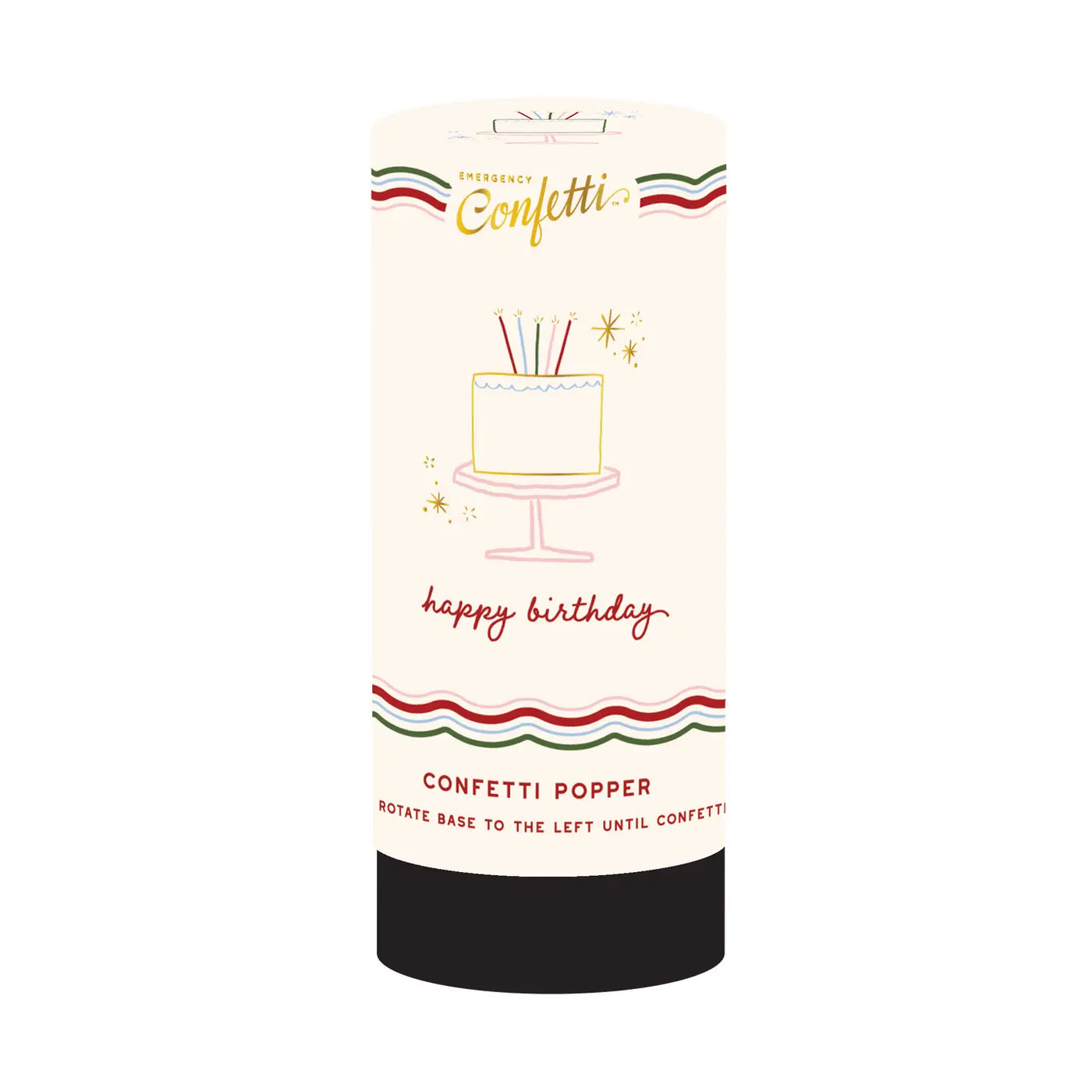Cylindrical confetti popper labeled “Happy Birthday” with an illustration of a cake topped with candles and colorful wavy accents.