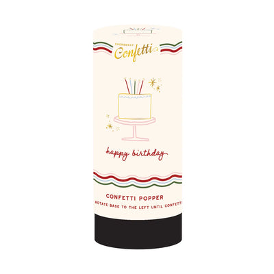 Cylindrical confetti popper labeled “Happy Birthday” with an illustration of a cake topped with candles and colorful wavy accents.