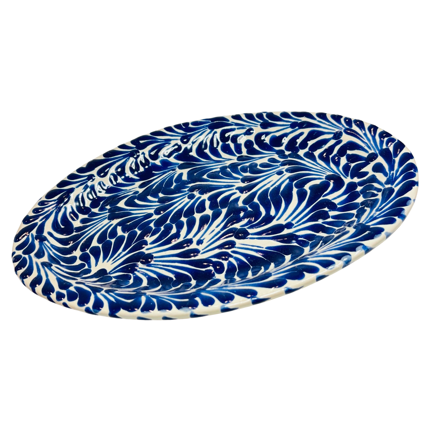 side angled view of a oval blue and white talavera dish