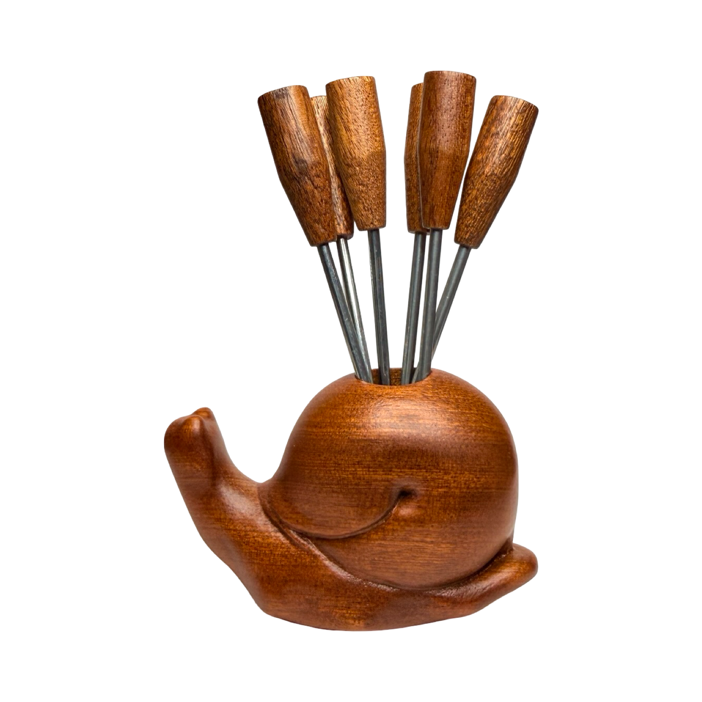 Wooden snail-shaped holder with six stainless steel appetizer picks featuring wooden handles.