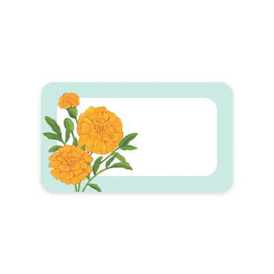 White mini note card with a mint border and a bundle of marigold flowers on the left.