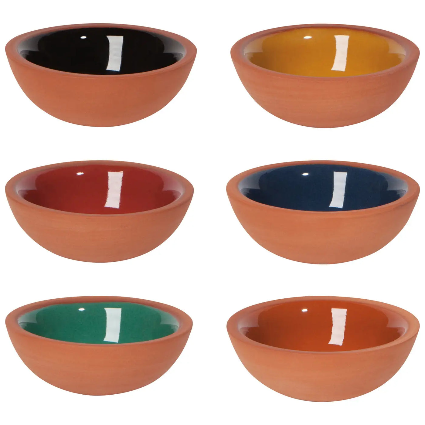 Set of six terracotta pinch bowls with an unglazed exterior and glazed interiors in black, yellow, red, blue, green and orange