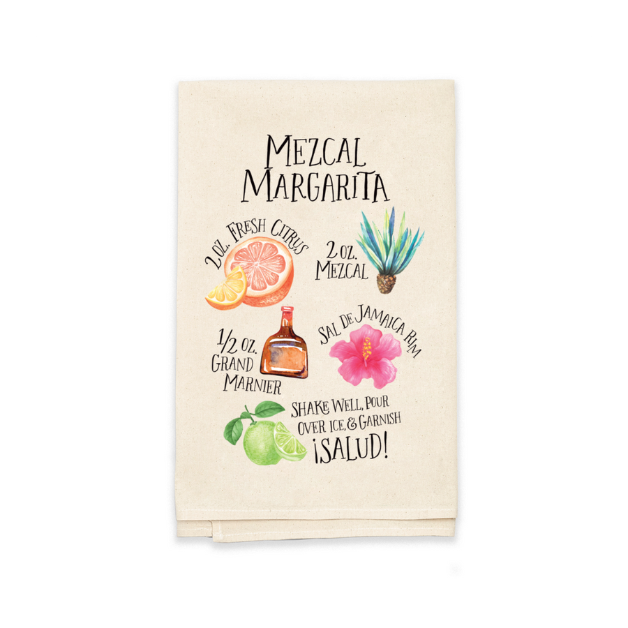 natural towel folded in half that features a mezcal margarita recipe along with images of citrus fruit, mezcal plant, hibiscus flower and a bottle of grand marnier.