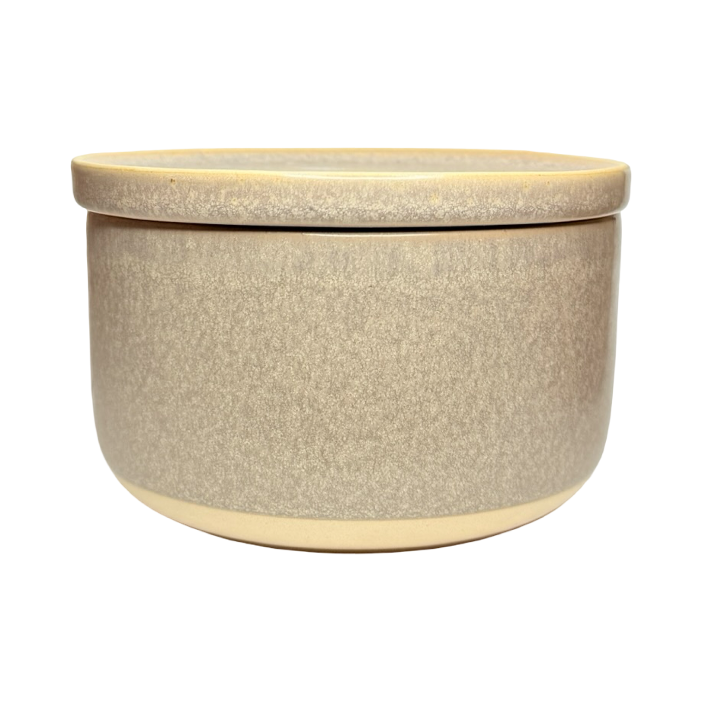 Light purple stoneware bowl with a speckled glaze and matching plate used as a lid, featuring a clean, modern design.