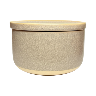 Light purple stoneware bowl with a speckled glaze and matching plate used as a lid, featuring a clean, modern design.