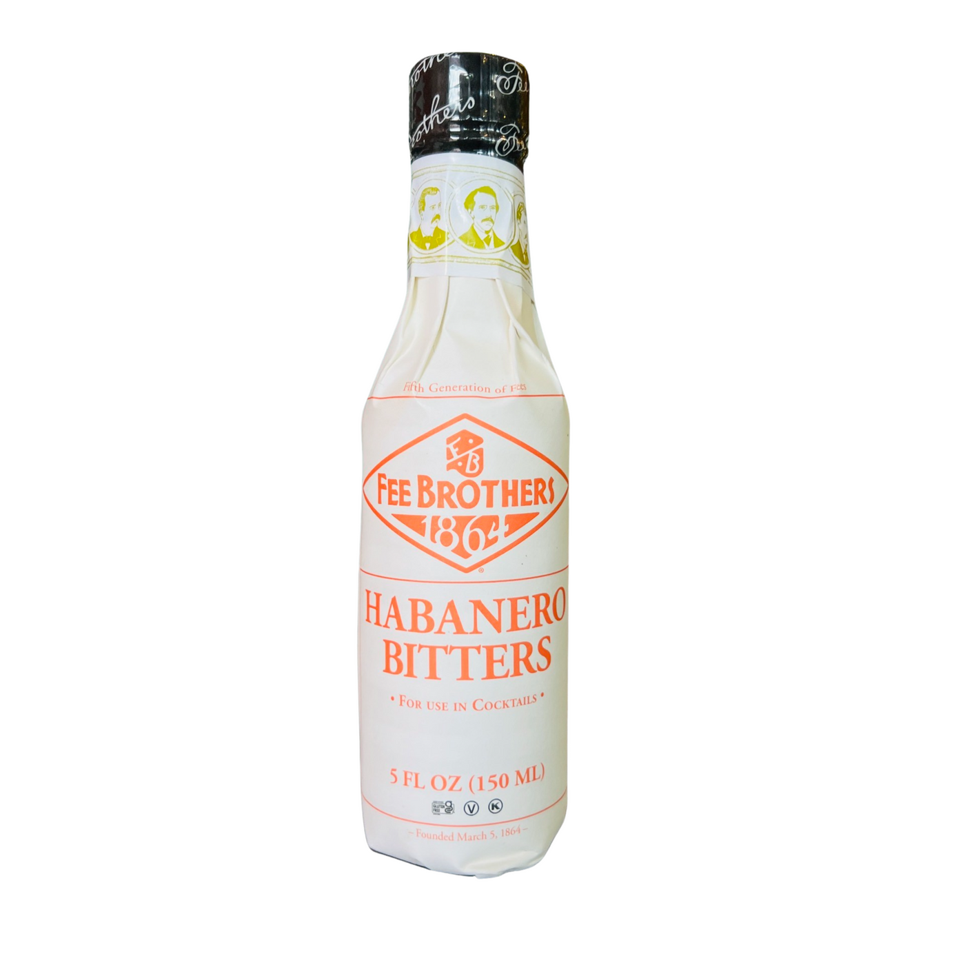 a 5 oz bottle wrapped in a beige branded paper with orange lettering