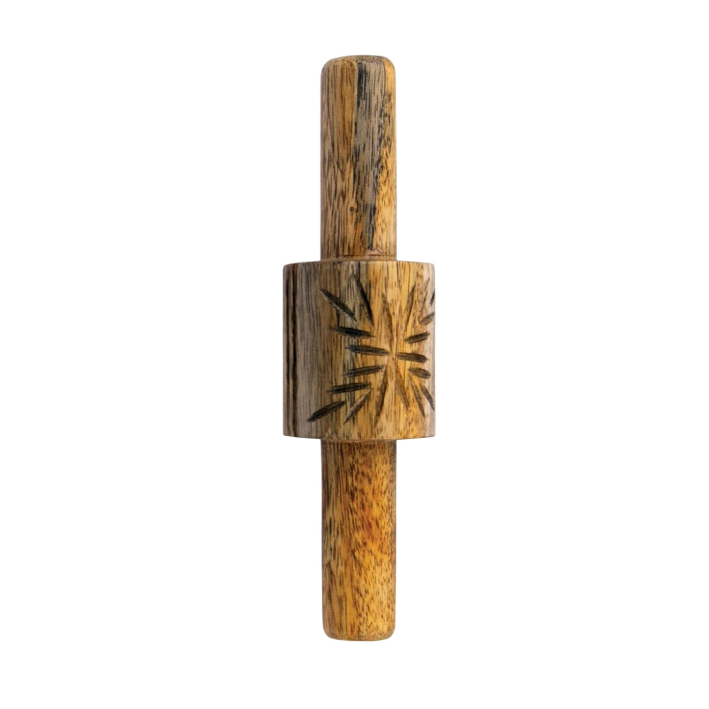 hand-carved mango wood rolling pin with a geometric pattern and smooth wooden handles.