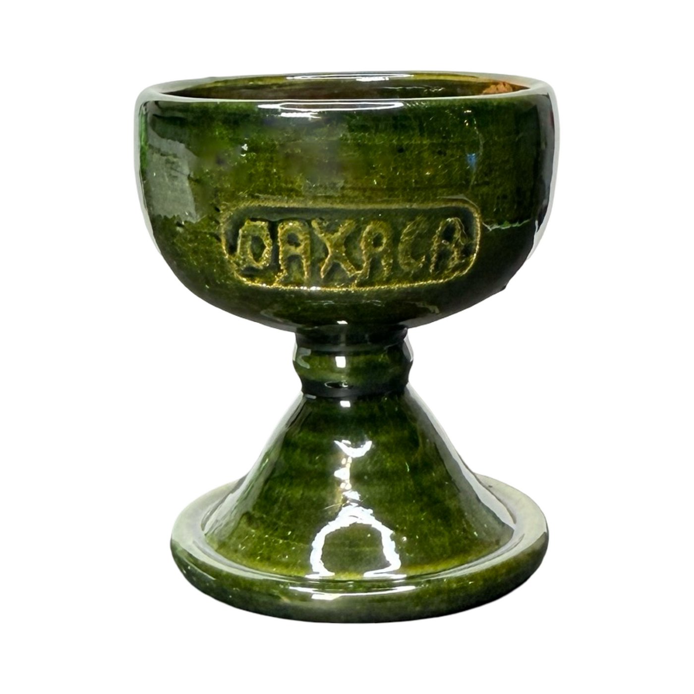 Green ceramic copa with pedestal base and “Oaxaca” stamped on the bowl.