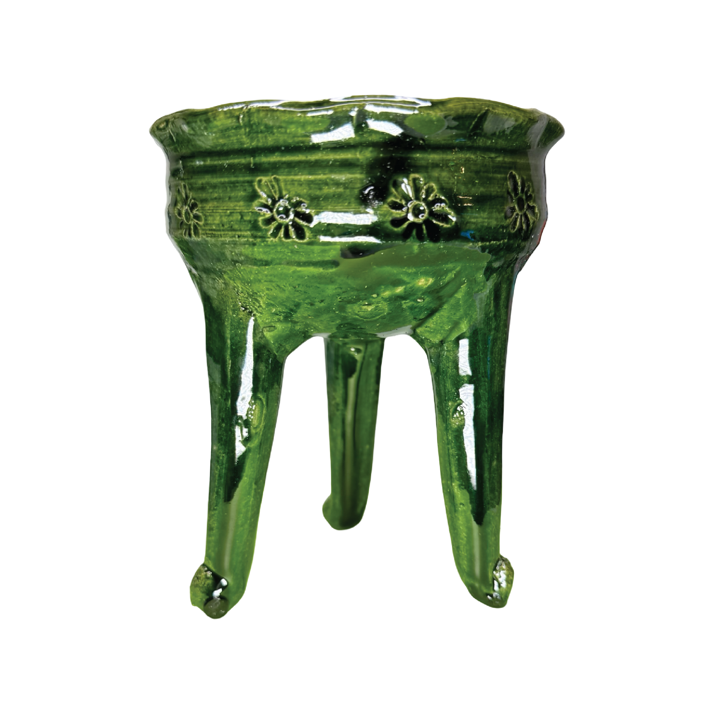 Green ceramic copalero featuring a stamped design.