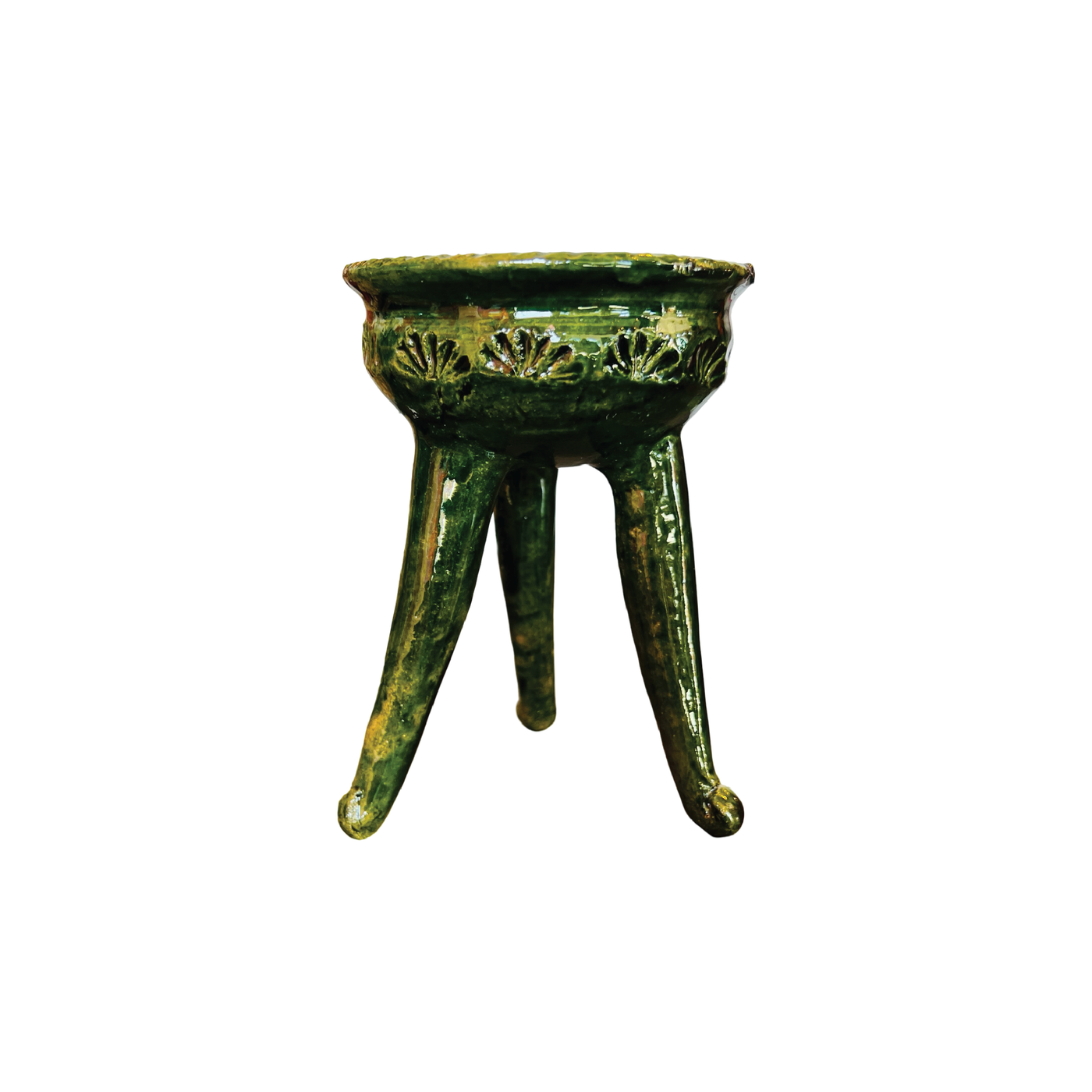 Green ceramic copalero featuring a stamped design.