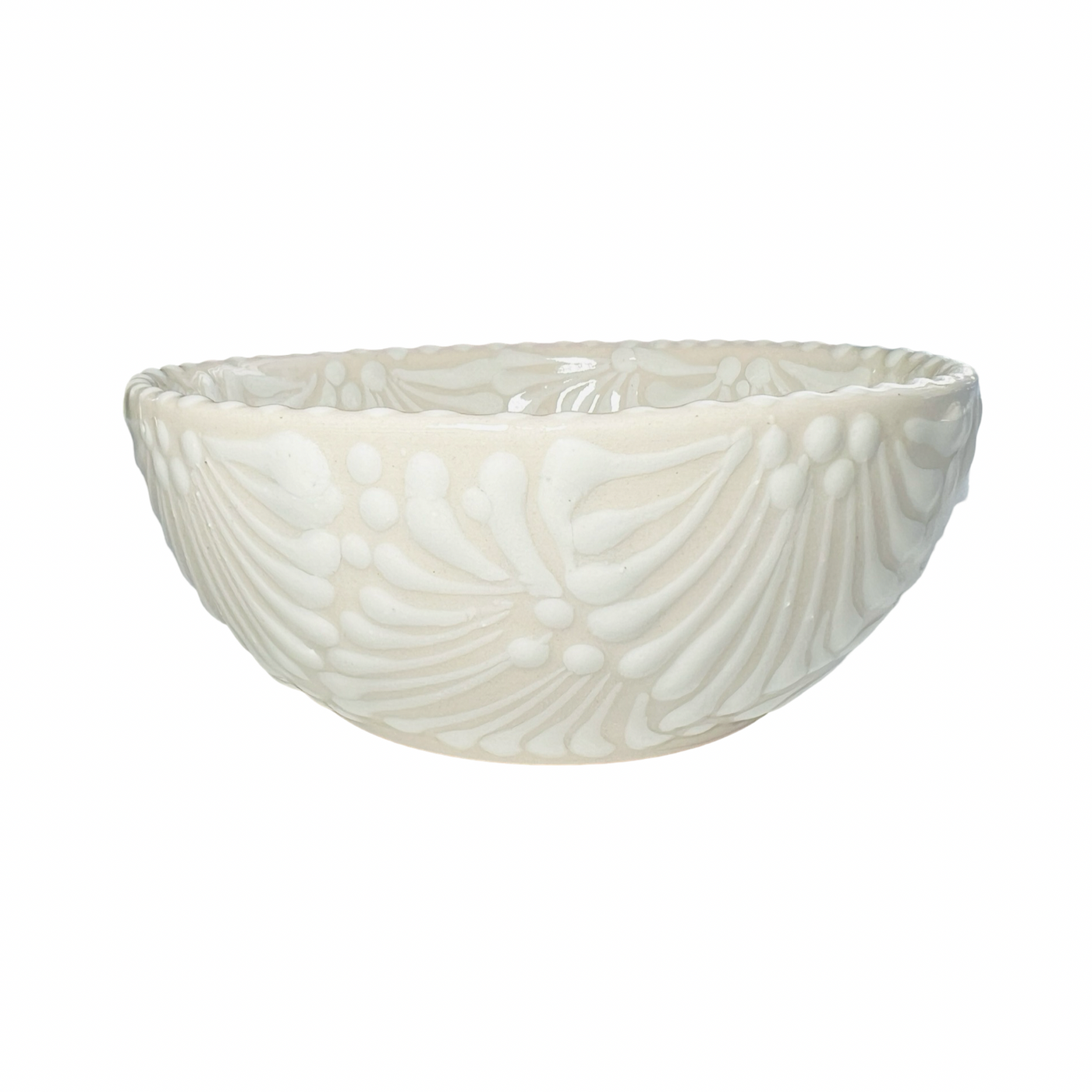 ceramic bowl with white and cream Puebla design