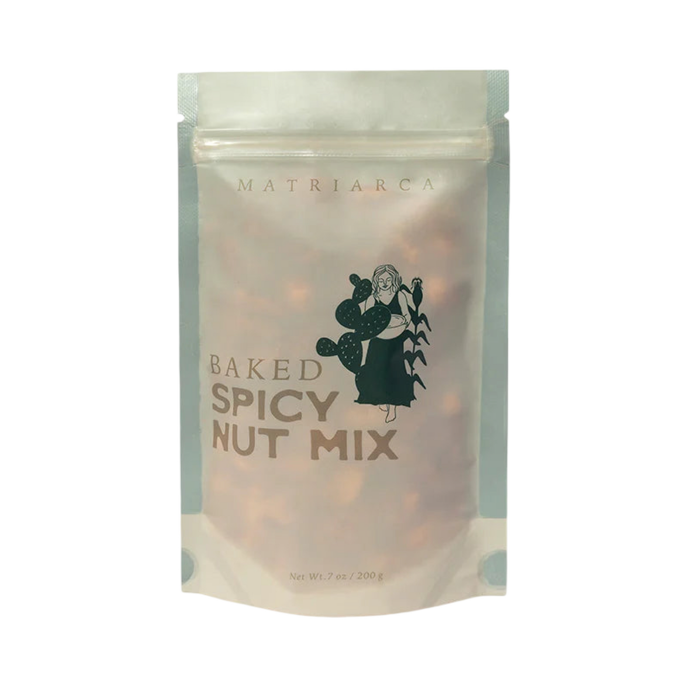7 oz Resealable translucent pouch labeled “Baked Spicy Nut Mix” by Matriarca, with a green illustration of a woman holding cactus and corn.
