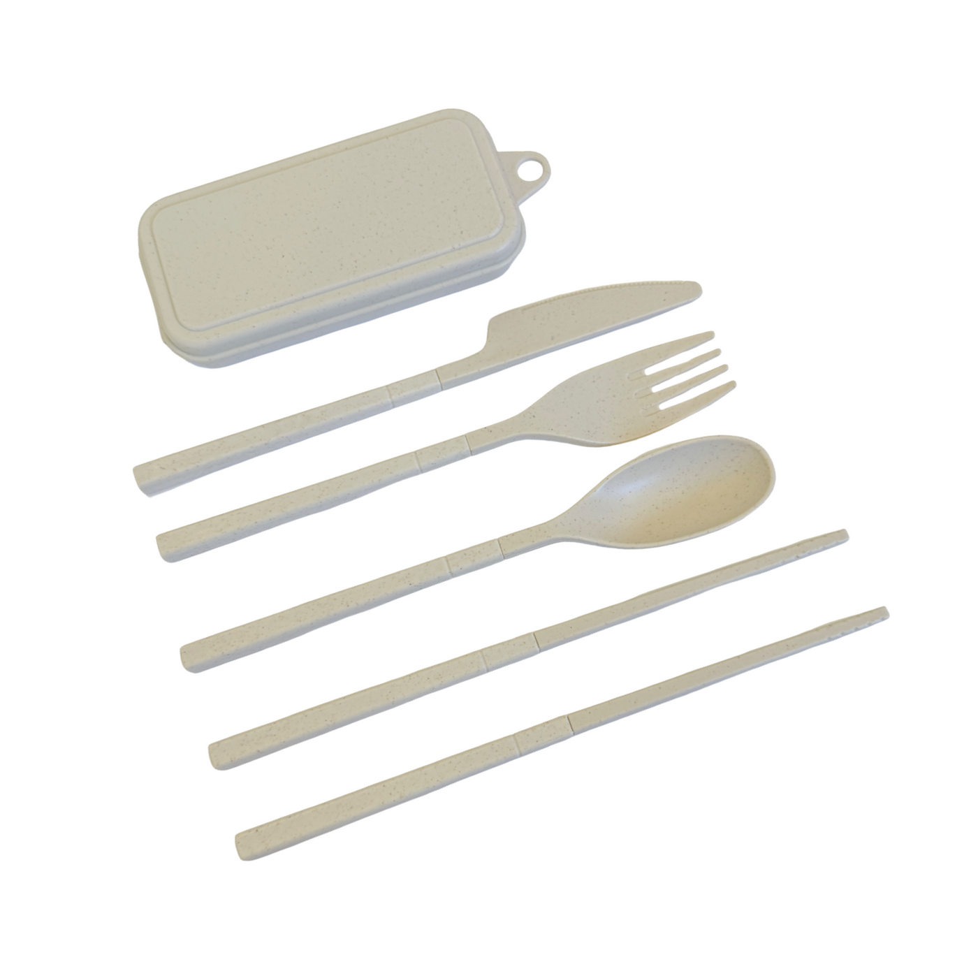 Assembled beige portable cutlery set with a matching storage case, including a spoon, fork, knife, and a set of chopsticks