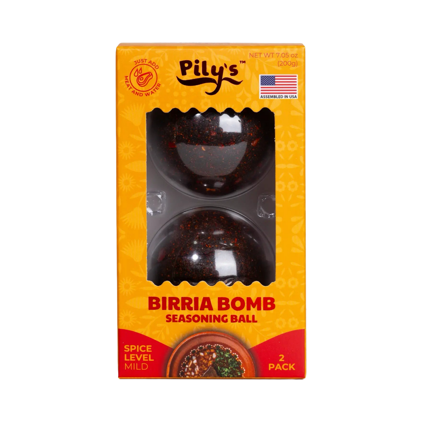 7.05 oz box of Pily’s Birria Bomb Seasoning Ball, featuring two spice balls in a yellow and red box labeled “Spice Level Mild” and “2 Pack.”