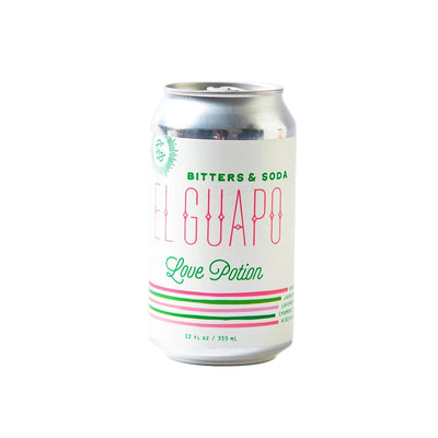 Silver 12-oz can labeled “El Guapo Bitters & Soda — Love Potion” with green and pink lettering and stripes.
