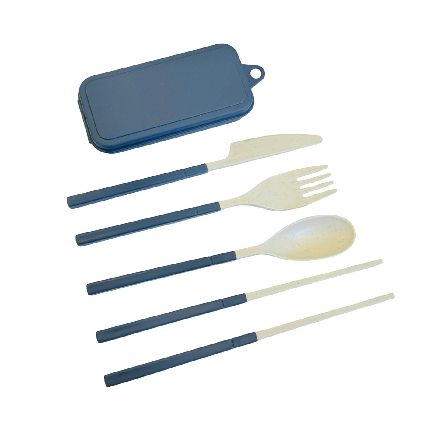 Assembled blue portable cutlery set with a matching storage case, including a spoon, fork, knife, and a set of chopsticks.