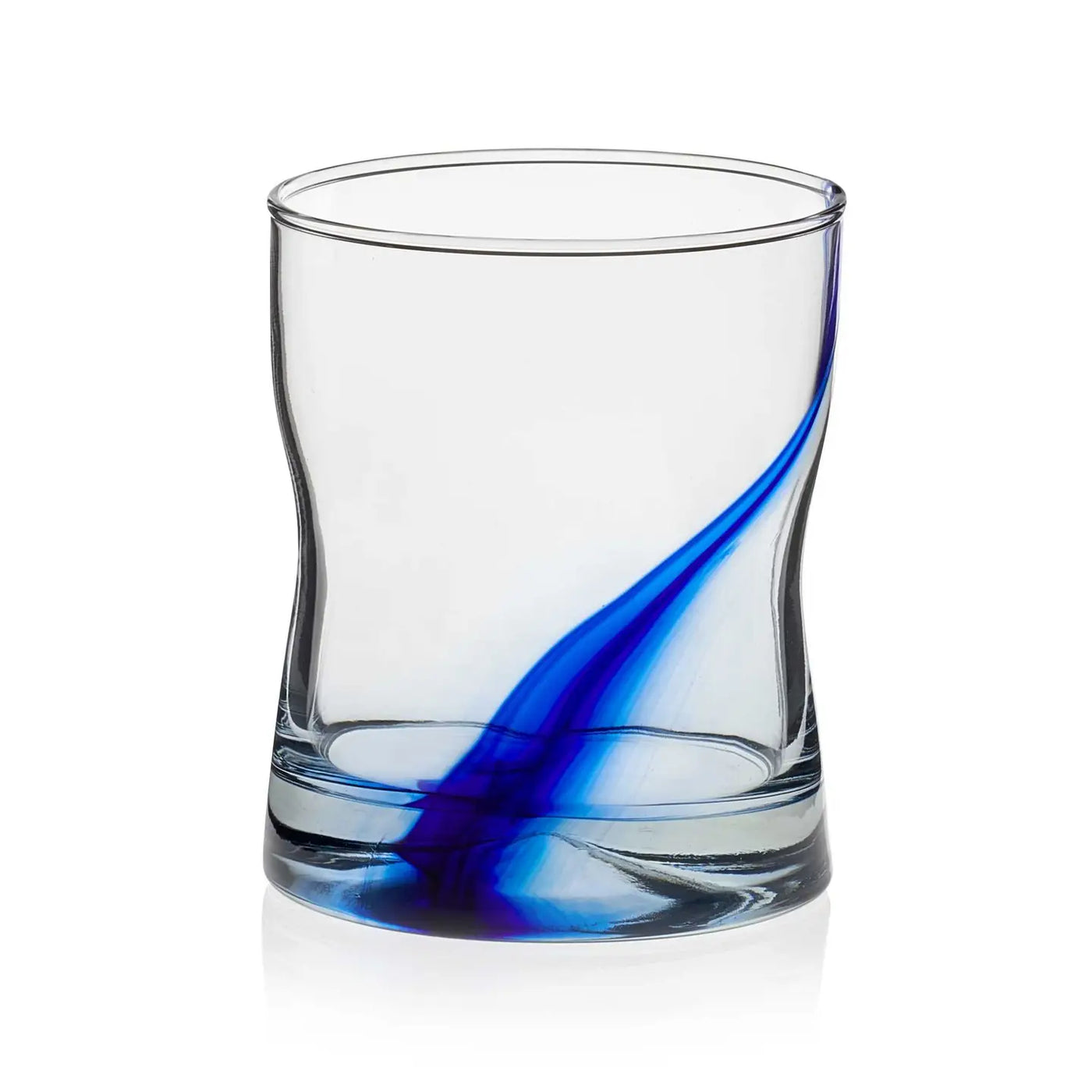 Clear handblown rocks glass with a curved shape and a bold cobalt blue ribbon design swirling upward from the base.