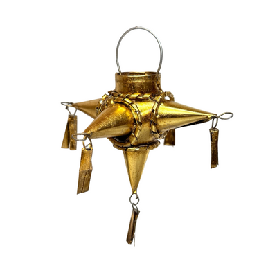 Brass-toned Metal Star Pinata Ornament featuring tassels on each point of the star and a metal loop for hanging.