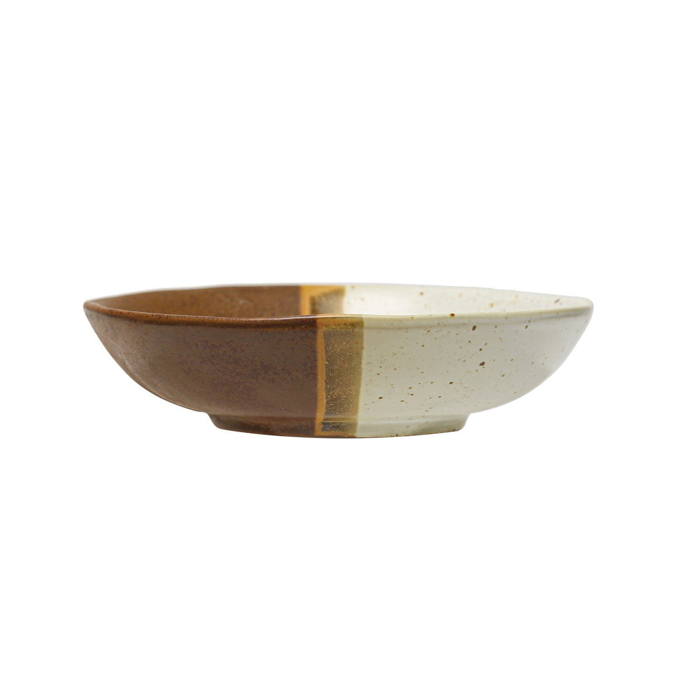 side view stoneware low bowl featuring a two-tone glaze in brown and beige with a subtle dividing line.