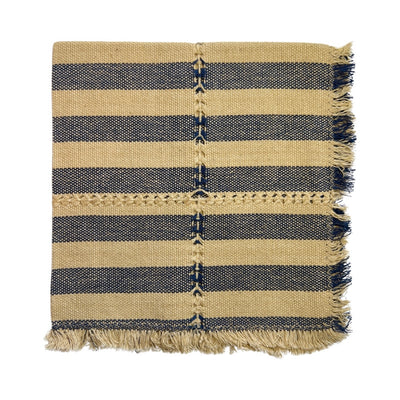 Navy Blue and Tan striped handwoven napkin folded in quarter