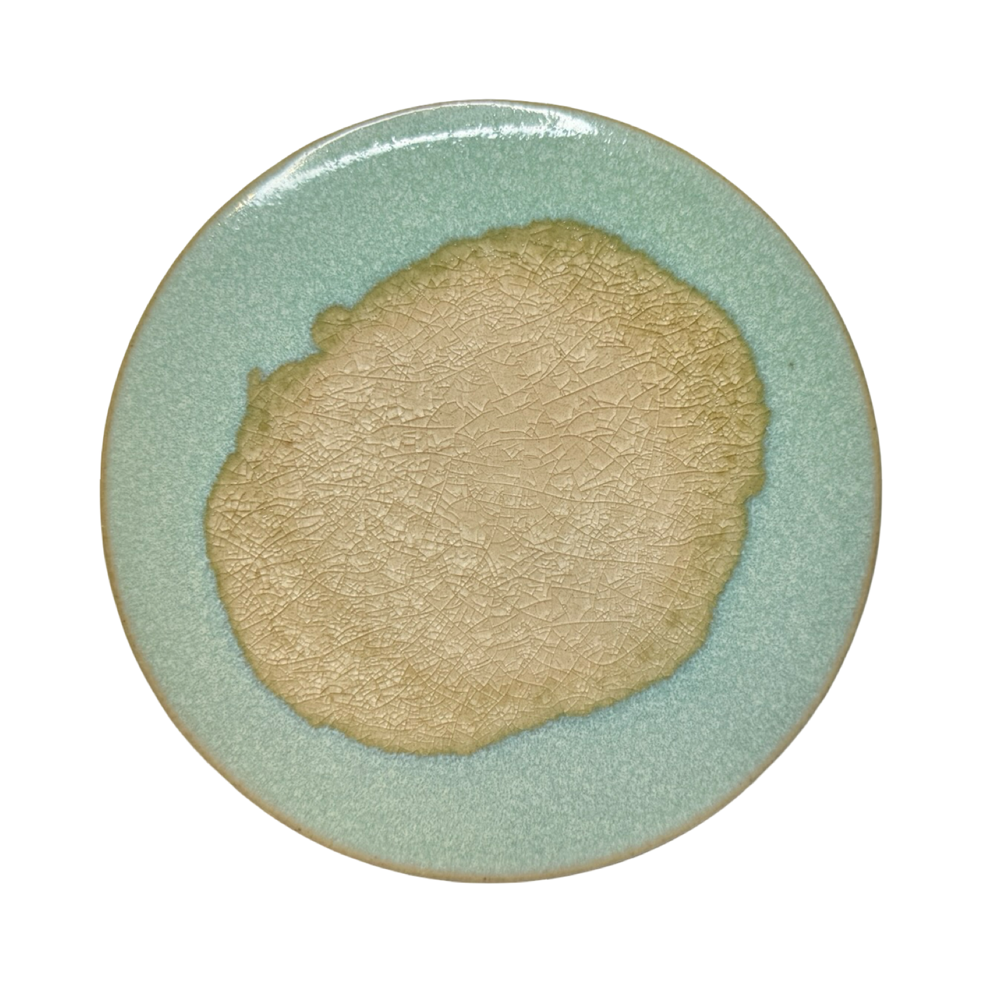 Aqua round stoneware trivet with two-tone reactive glaze, showing slight variations in finish.
