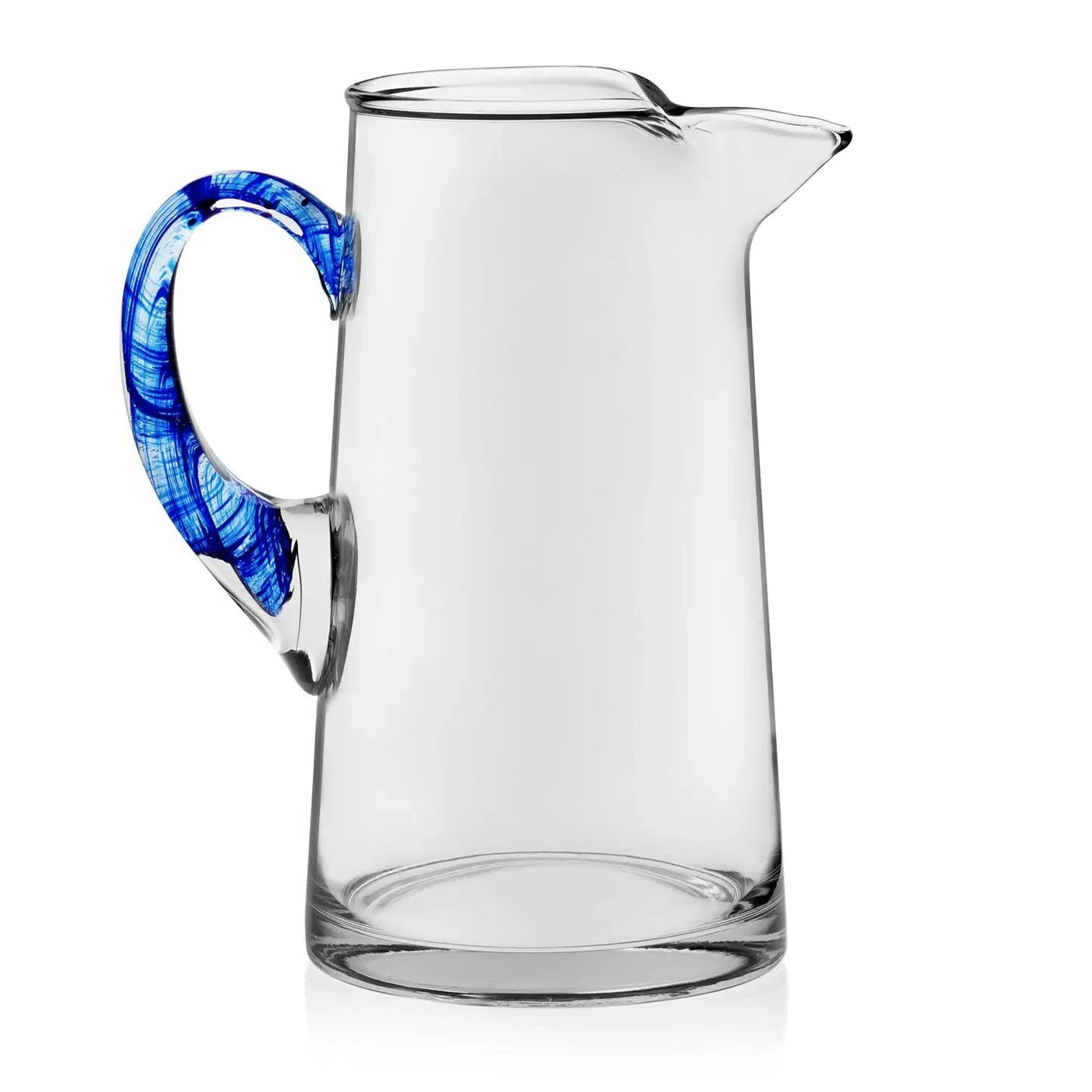 Clear glass pitcher with a smooth spout and a striking cobalt blue swirled handle.