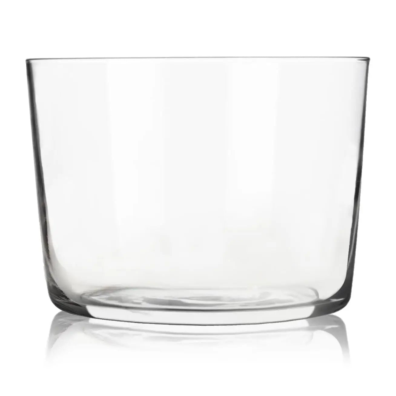 Clear café petite rocks glass with a low, wide shape and thick base.